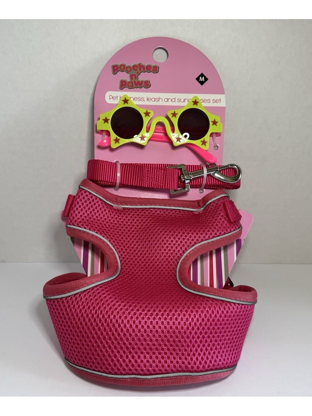 Pooches n Paws Hot Pink Pet Harness, Leash, and Star Yellow Sunglasses Set, M